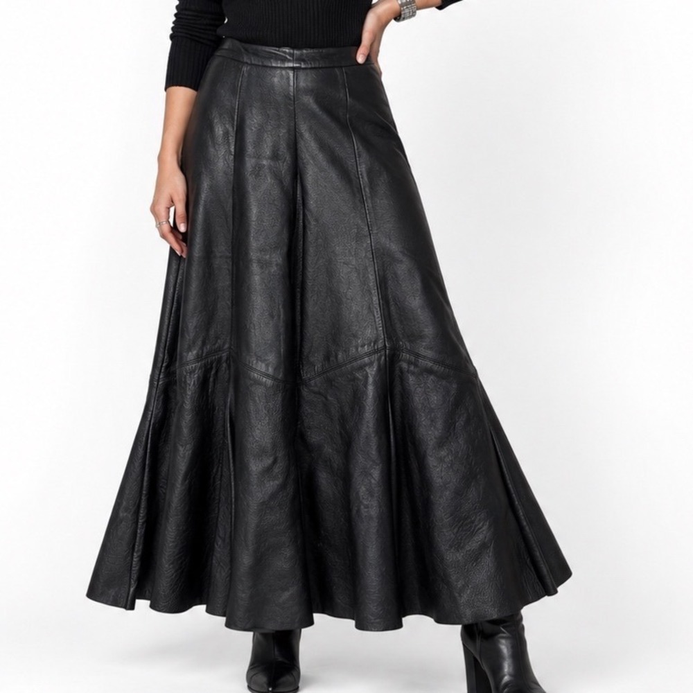 Vintage Aggie Georgette Chordas Black Leather Godet Maxi Skirt 10 USA 80s